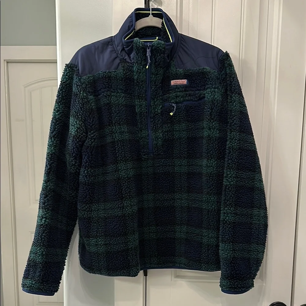 Vineyard Vines Green and Navy Plaid Fleece Pullover - Picture 1 of 5
